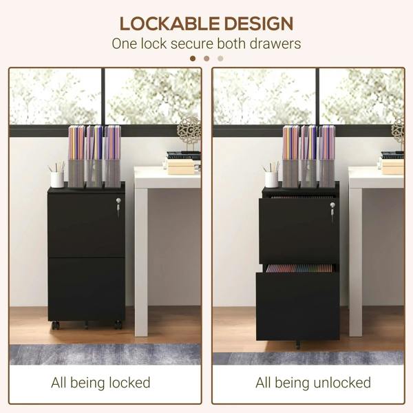 Lockable 2-drawer filing cabinet with both drawers locked and unlocked