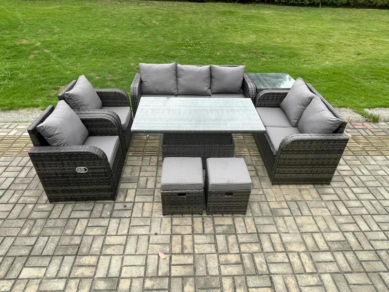 Fimous 9 Seater PE Rattan Garden Furniture Patio Set, Adj Height Dining Table, Reclining Chair Sofa, Side Table, 2 Small Footstools, Dark Grey Mixed