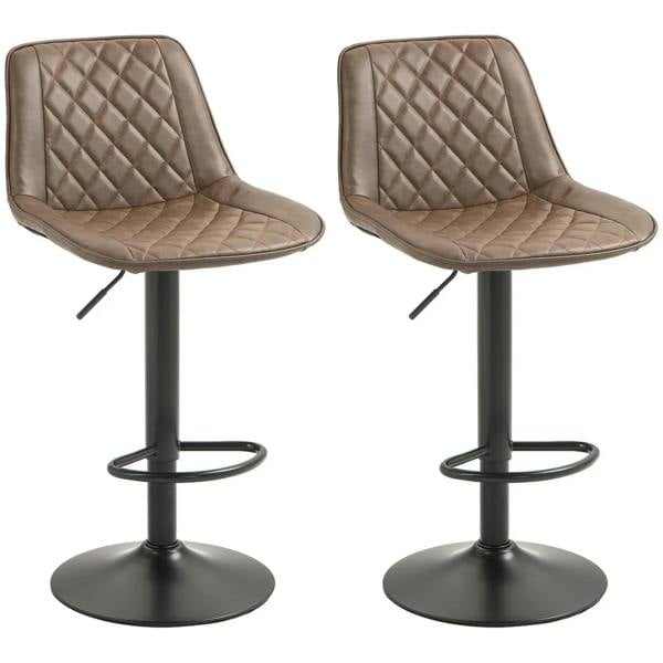 Brown bar stool with diamond-quilted PU seat, backrest, swivel, steel round base