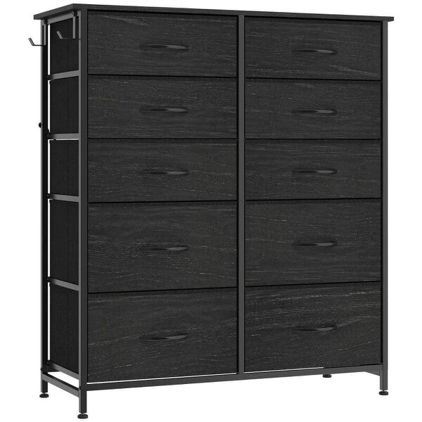 Chest of Drawers, Dresser with 10 Fabric Drawers, Tall Storage Unit with 4 Pockets and 2 Hooks Steel Frame, Black