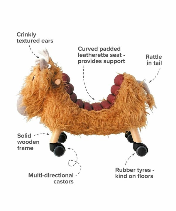 Infographic image of Hubert Highland Cow Teddy Ride On Toy showing features and benefits