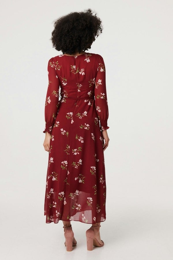 Red | Floral Sheer Layer Tie Waist Maxi Dress
