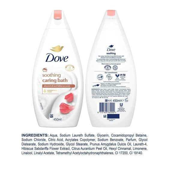 Dove Caring Bath Soak - Almond Cream & Hibiscus, 1/4 Moisturising Cream 3x450ml