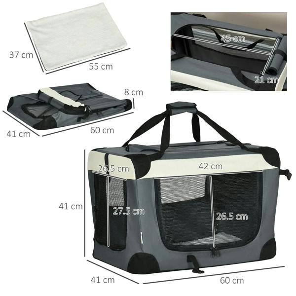 Grey foldable pet carrier with dimensions and folded cushion layout