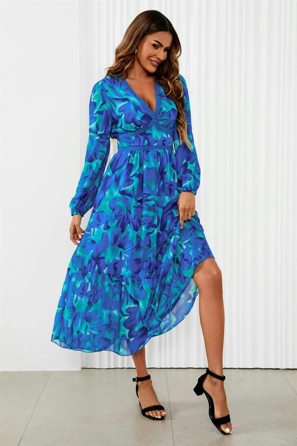 FS Collection Floral Print Long Sleeve Maxi Dress In Blue