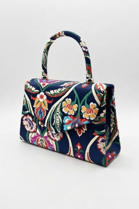 SVNX Floral Satin Embroidered Top Handle Bag in Navy