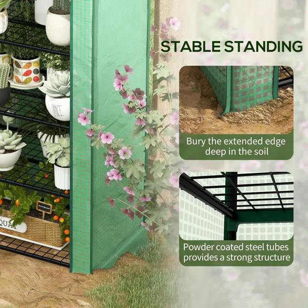 Green greenhouse frame with buried plastic base edge and powder-coated steel tubes