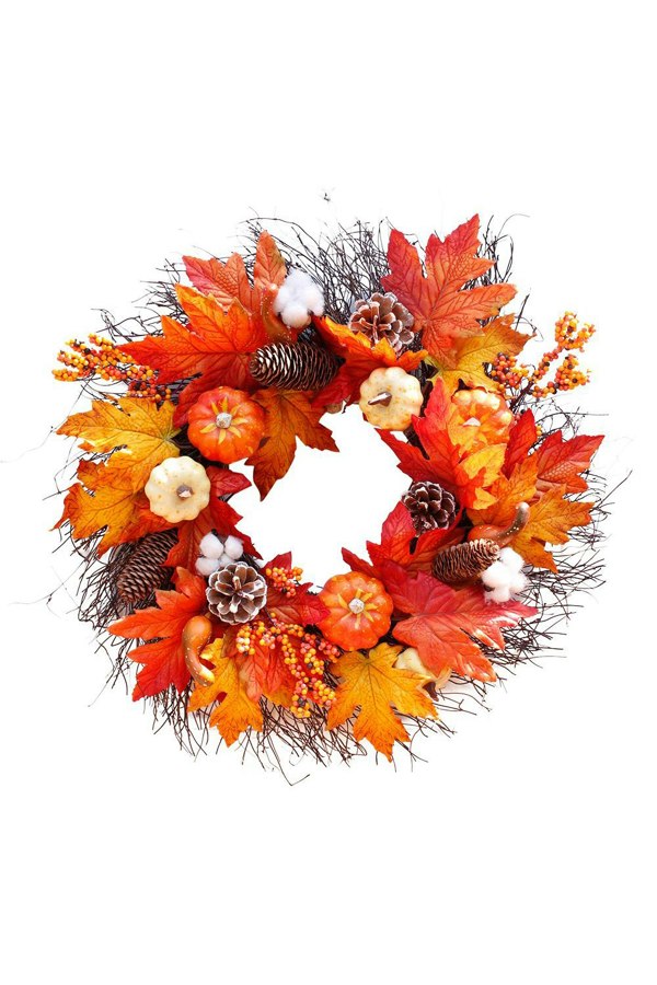 Living and Home 55cm Artificial Fall Wreath for Front Door Rustic Autumn Wreath with Light, Pumpkin, Cotton, Pine Cone,Maple Leaf