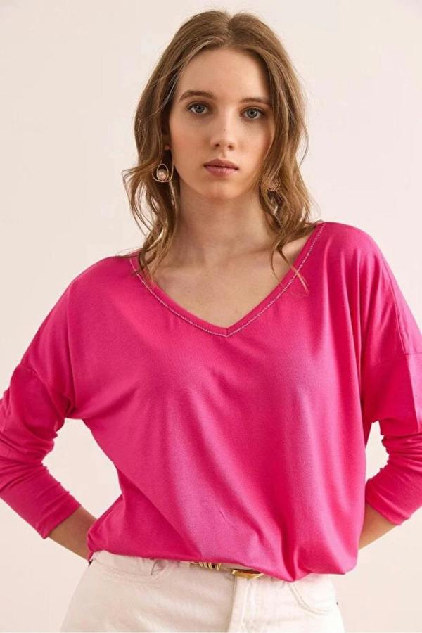 Hoxton Gal V-Neck Viscose Blouse with Silver Stitching Details