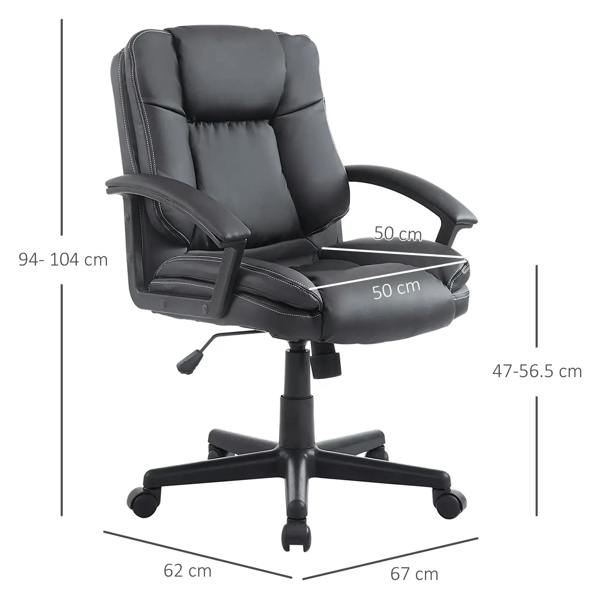 Black PU leather office chair shown with size markings, padded headrest, and swivel base