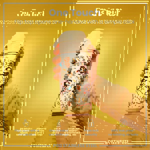 A water bottle, with a flip top, is held; the top opens one-handed. It's cream-colored, features monkeys, and has a triple lock security. "POD STAINLESS STEEL" is printed below.