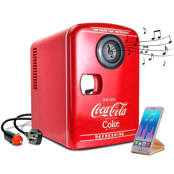 Coca-Cola Coca Cola 4L Mini Fridge For Bedrooms 6 Can 12V Portable Cooler Warmer with Bluetooth Speaker