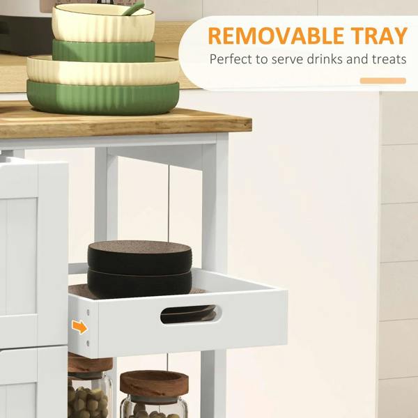 White cart with wood top and removable serving tray above open drawer storage.
