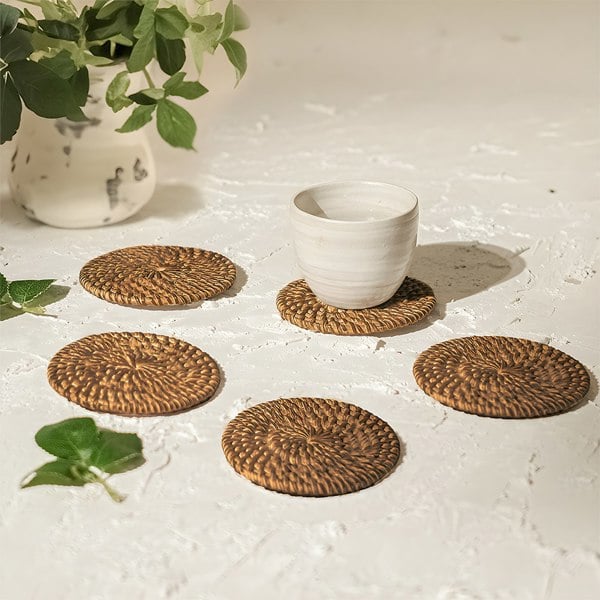Dark brown round rattan coaster 8cm handwoven wicker table drinks mat