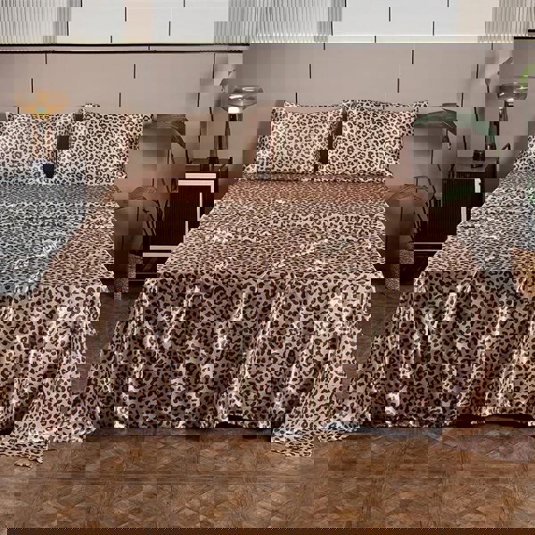 Anyhouz Bed Sheet Gold Leopard Print Satin Silk High End Fitted Flat Sheet