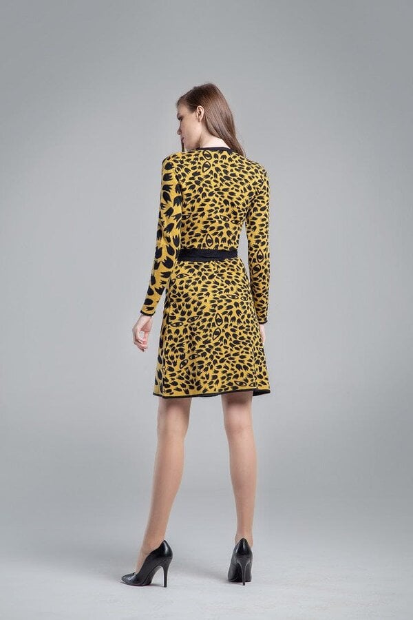Savannah jacquard-knit wrap dress with animal pattern in yellow