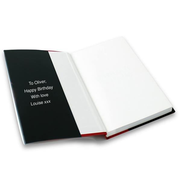 Open cover view of the Personalised Arsenal FC On This Day book showing a customised 4-line birthday message printed on the inner flap.