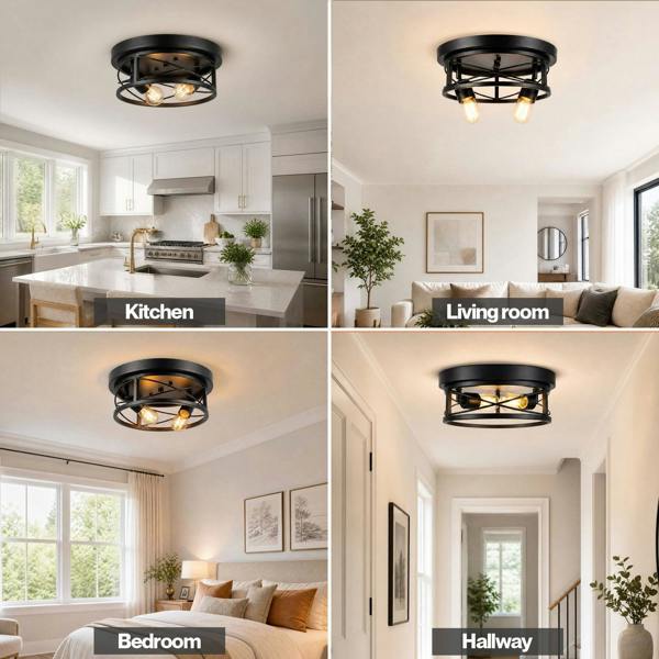 Emitto Ceiling Lights E27 Metal Cage 90° Adjustable Heads Kitchen Fixture Black