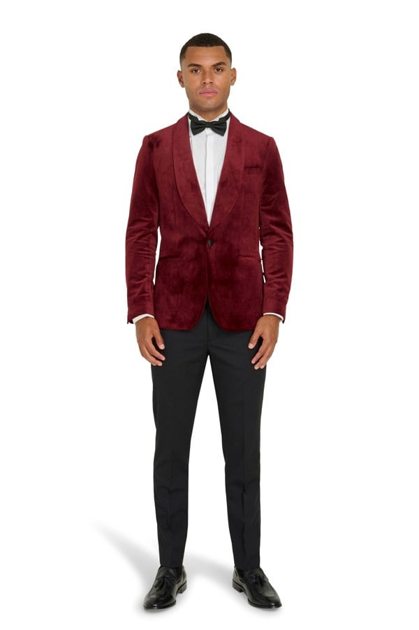 Harry Brown London Leo Velvet Tuxedo Dinner Jacket with Shawl Lapel Detail in Burgundy