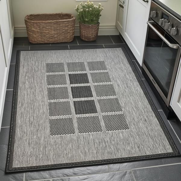 Non-Slip Grey Black Rug Geometric Border Design Flat Weave Kitchen Dining Room Living Room Area Mat