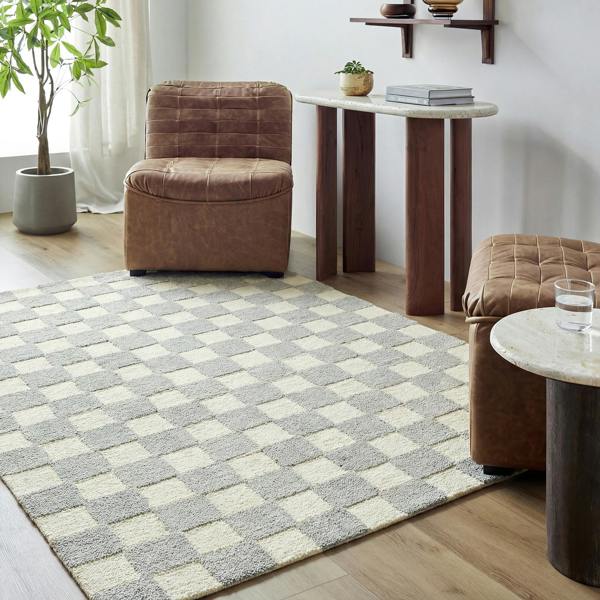 Livabliss Klopp-Hand Tufted Grey Ivory Wool Checkered Fringe Rug