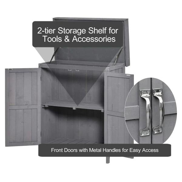 Dark gray wooden shed with metal door handles and open top hinged roof