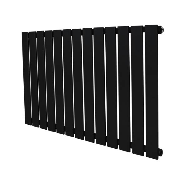 Flat single column radiator in sleek black finish, 600 x 910mm, featuring a modern design with vertical slats and smooth texture