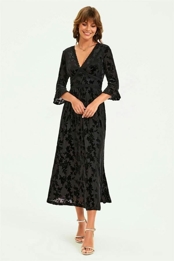 FS Collection Floral Velvet Devore Lace Trim Neckline Midi Dress In Black