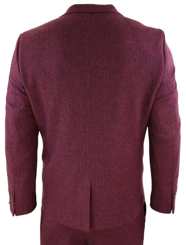 TruClothing Mens 3 Piece Wine Herringbone Wool Tweed Retro Suit