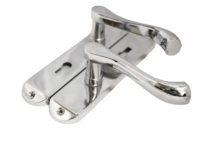 EDH Door Hardware Cadenza Door Handles on Backplate Chrome Scroll Lock Handle