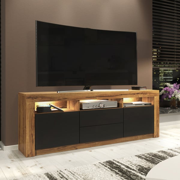 Mex Furniture Spacious 160cm TV Unit & Cabinet with Black Matt Doors and Free LED