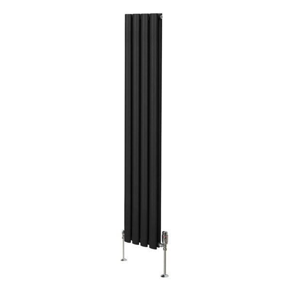 Sleek black oval column radiator measuring 1600mm x 240mm, featuring vertical fins and stylish valves for modern heating solutions