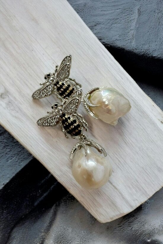 Latelita Baroque Pearl Honey Bee Drop Earrings Silver