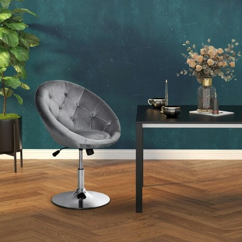 Wyld Haus Vefi Fabric Grey Adjustable Velvet Vanity Stool With Tufted Seat And Swivel Base
