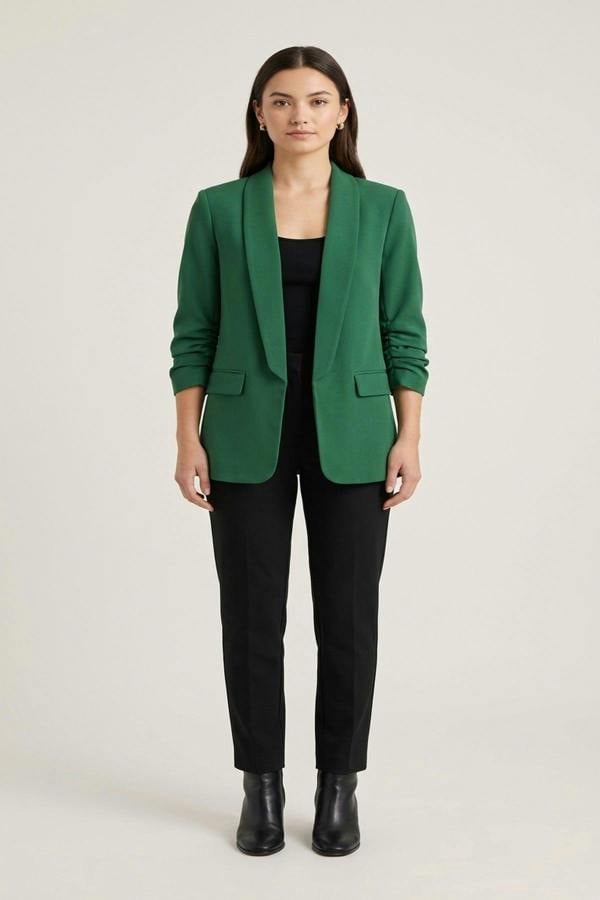 Valerie Ruched Sleeve Open Front Blazer Jacket With Front Pockets - Green