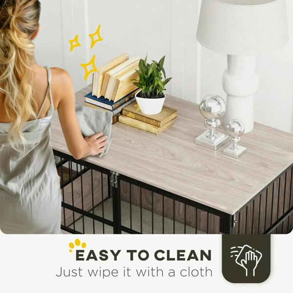 Brown wood tabletop dog crate end table with black metal sides and front frame.