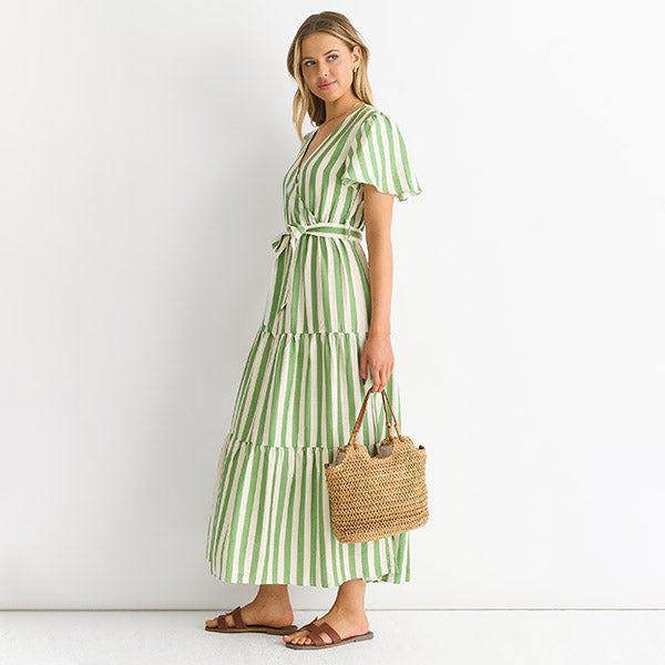 Gini London Sage Green Stripe Wrap Belted Viscose Midi Dress