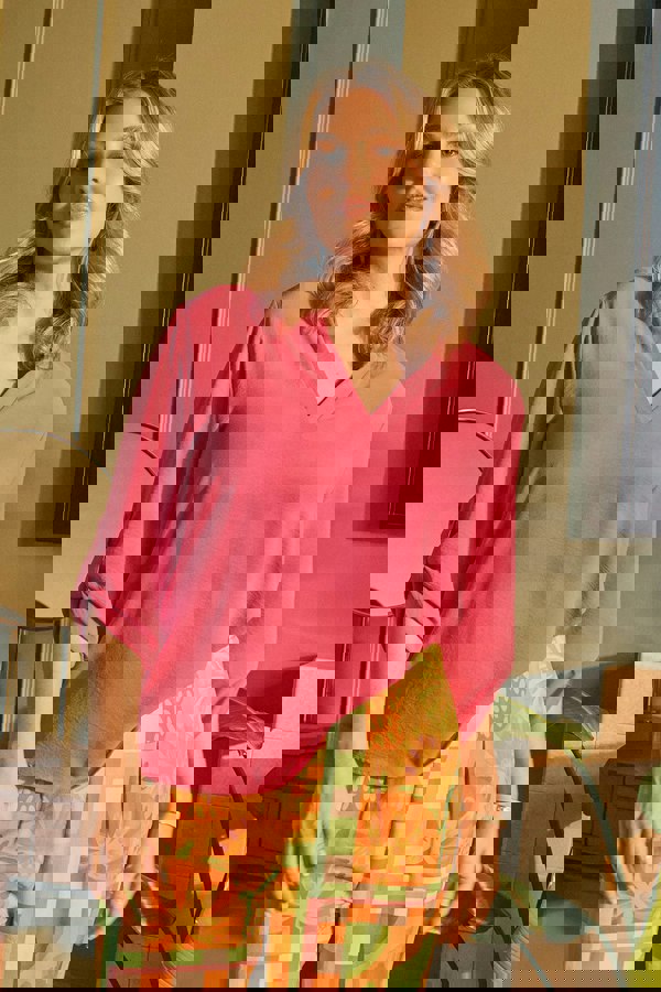 Pink | 3/4 Turn Up Sleeve Relaxed Blouse:  Model is 5'8"/172 cm and wears UK14/EU42/US10/AUS14