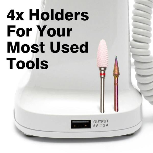 The Rio Salon Pro Electric Nail File & Drill is a white device with two drill bits in holders, a USB output port below, and “4x Holders For Your Most Used Tools” in bold on the left. A coiled cord appears on the right—ideal for DIY nail care.