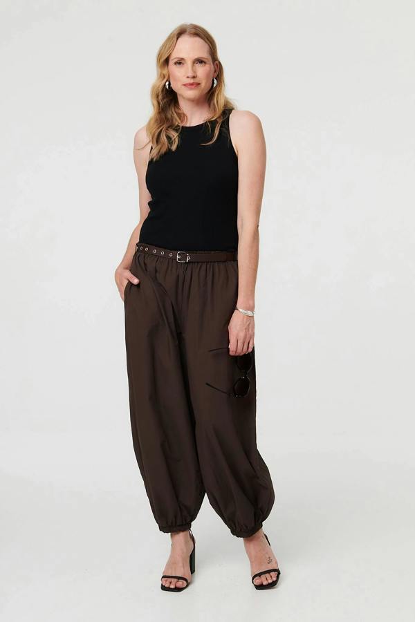Brown | Belted Relaxed Wide Leg Barrel Trousers