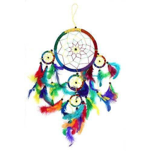 Large round multicolor dreamcatcher with rainbow feather fringe and hanging charm