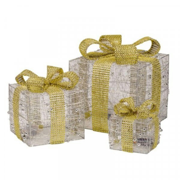 Samuel Alexander Set of 3 Battery Operated Gold Sparkly Christmas Gift Boxes with LEDs