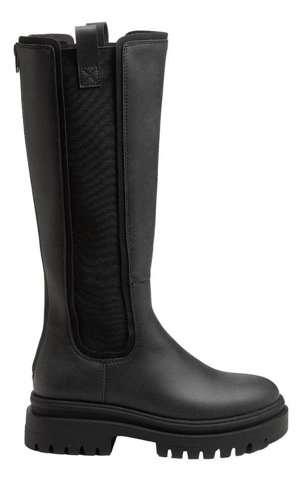 Rocket Dog Drea Womens Tall Knee High Full Zip Up Wedge Boots, black knee-high leather boots with side zipper and chunky sole.