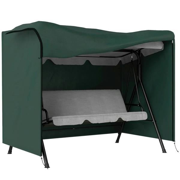 Three-seater swing chair protective cover, deep green, fitted over swing frame with legs.