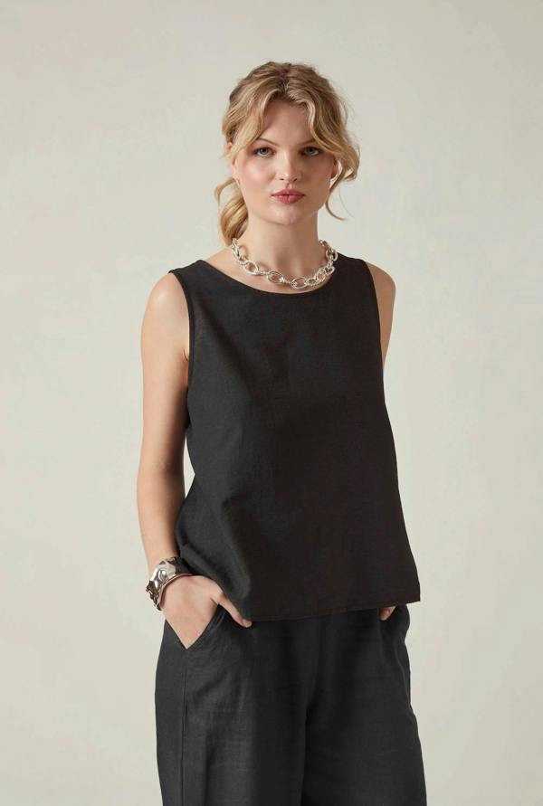 James Lakeland Black Linen Blend Sleeveless Button-Back Top