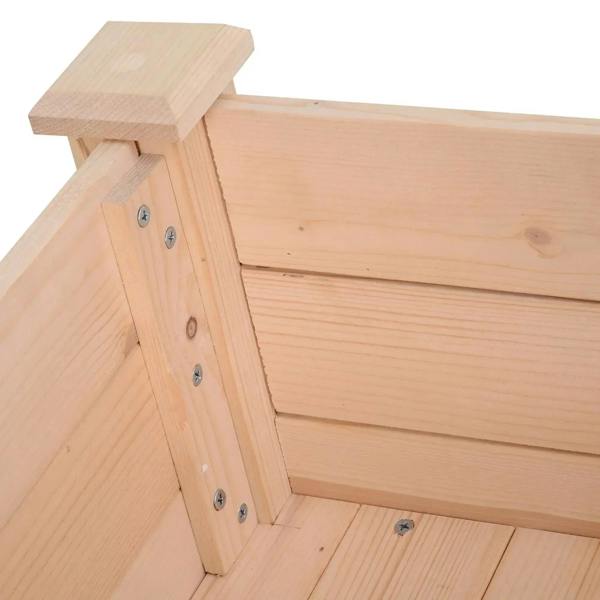 Rectangular wooden planter corner with visible screws and sturdy leg join