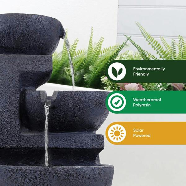Gardenwize Solar-Powered 4-Tier Cascading Black Ceramic Water Feature with Battery Backup