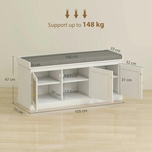 Wyld Haus Wooden White Shoe Bench With 3 Woven Rattan Doors And Grey Padded Seat