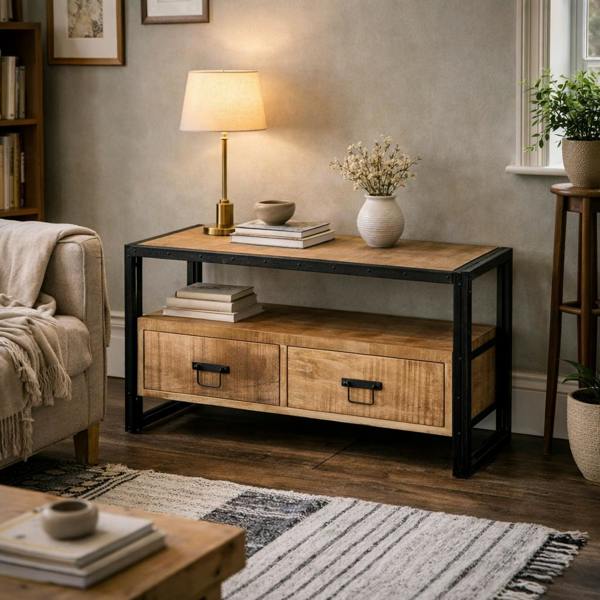 Wyld Haus Toivakka Industrial Reclaimed Wood and Metal TV Unit 2 Drawers