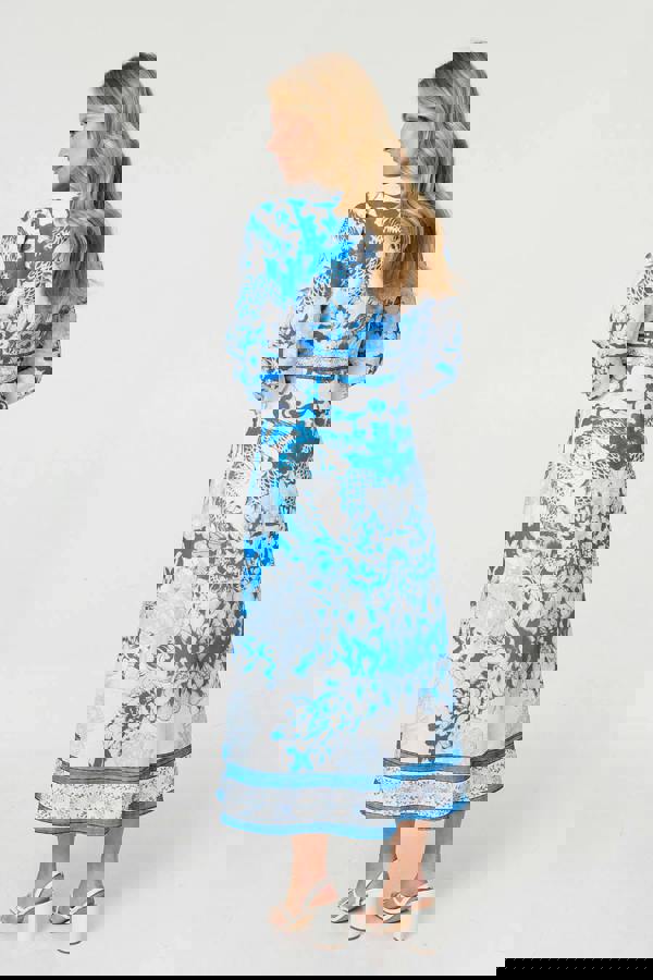 Blue | Floral Long Sleeve A-Line Maxi Dress